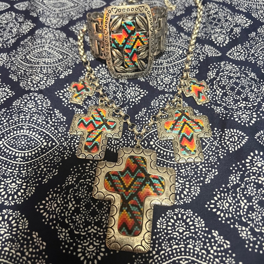 Silver Multicolor Cross Necklace and Bracelet Set